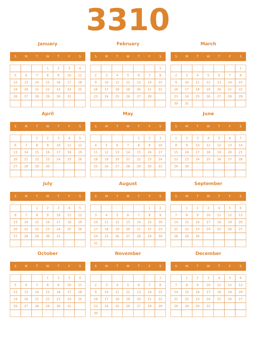 Printable 3310 Year Calendars orange