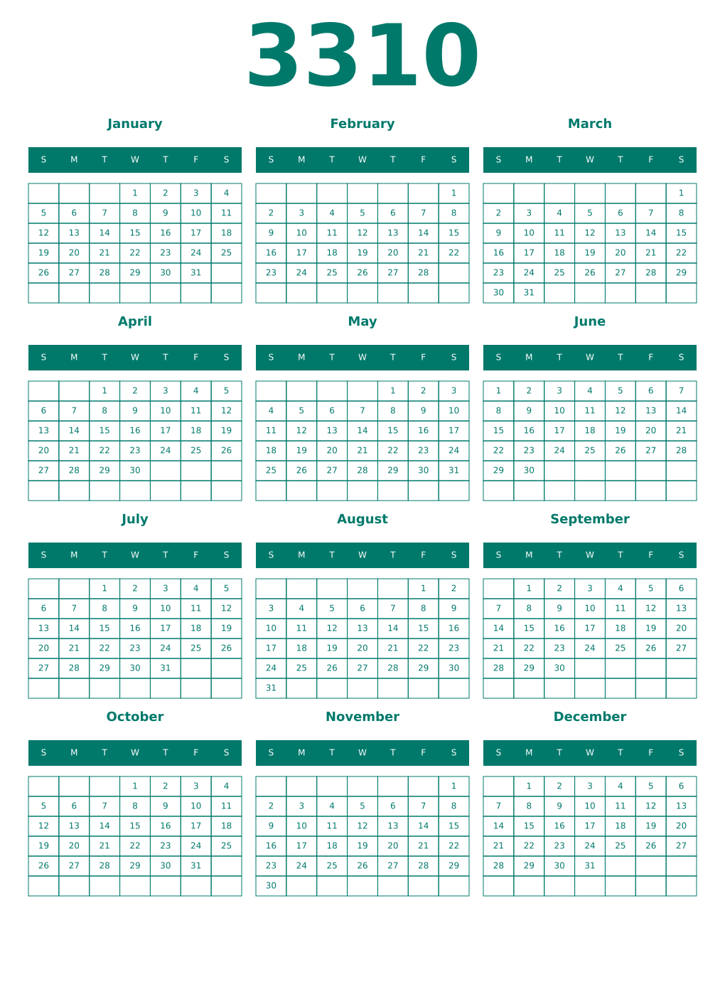 Printable 3310 Year Calendars pastel