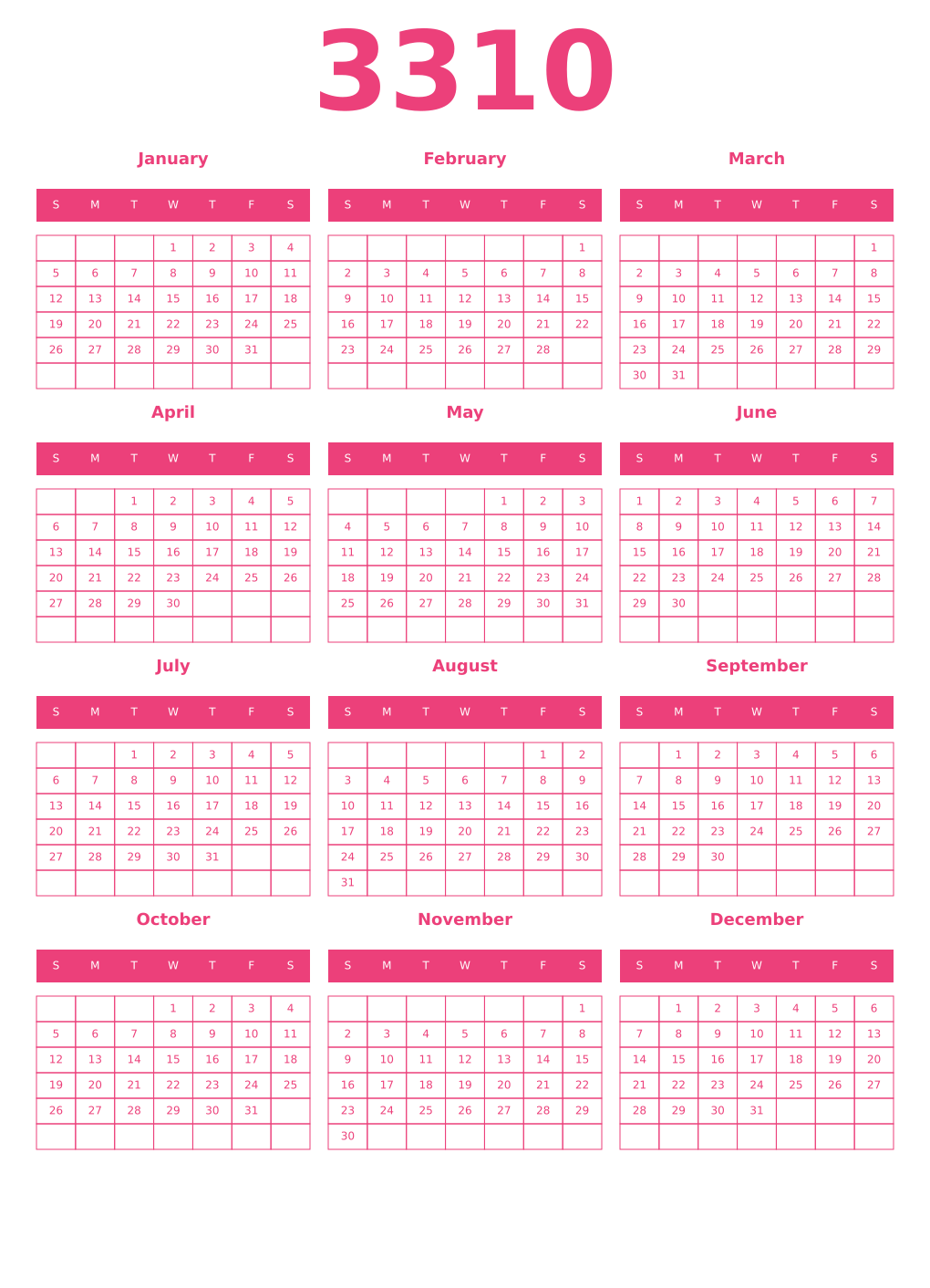 Printable 3310 Year Calendars pink