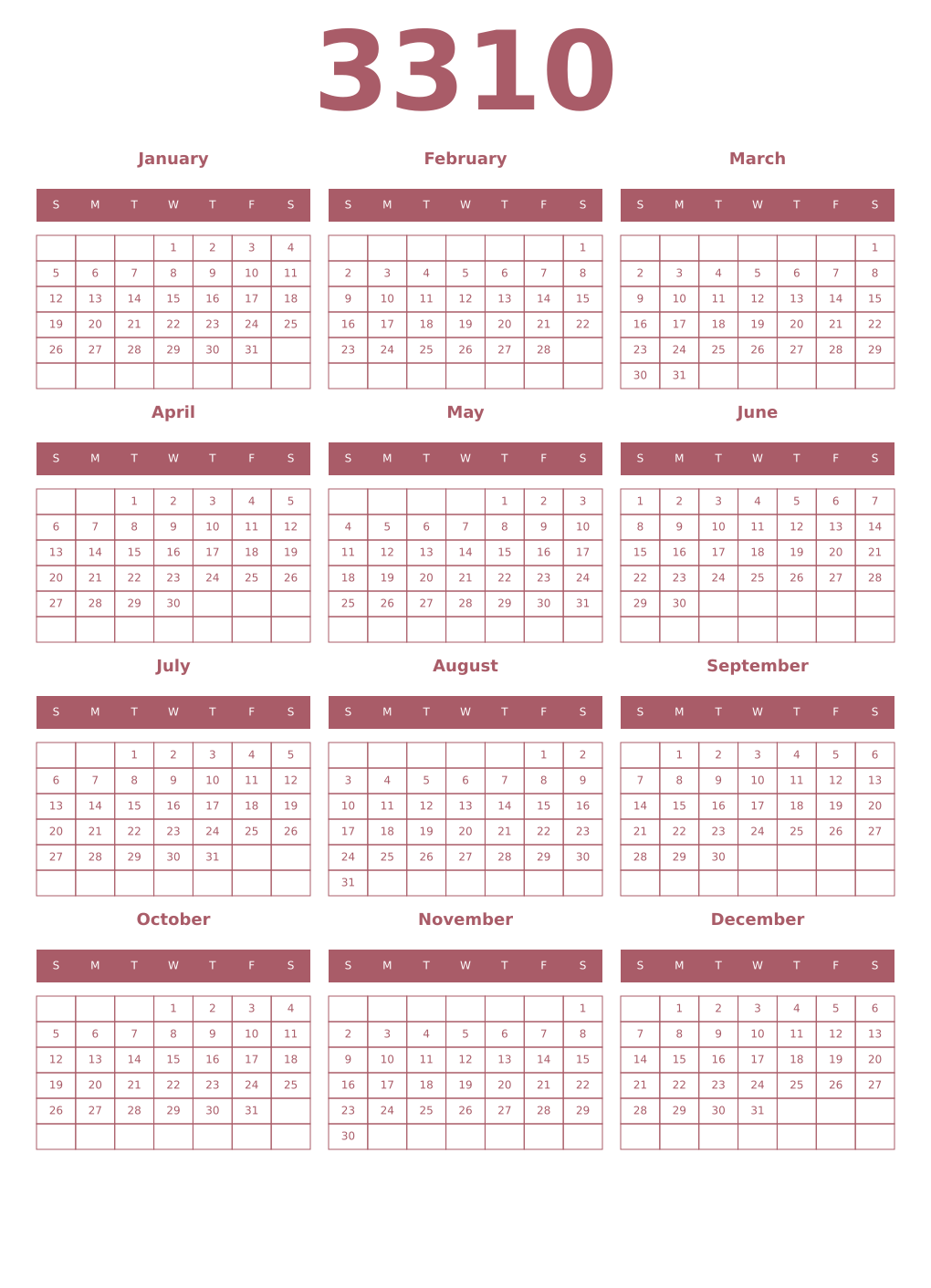 Printable 3310 Year Calendars puce