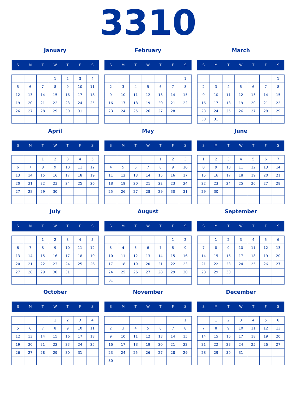 Printable 3310 Year Calendars smalt