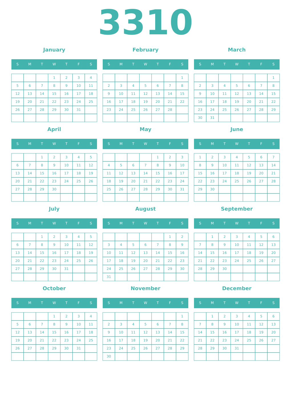 Printable 3310 Year Calendars verdigris