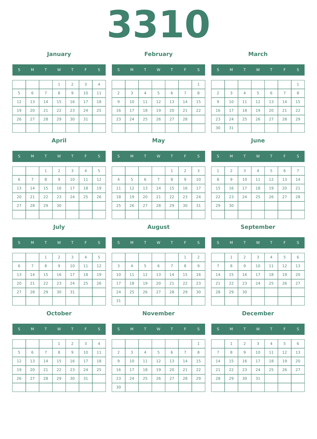 Printable 3310 Year Calendars viridian