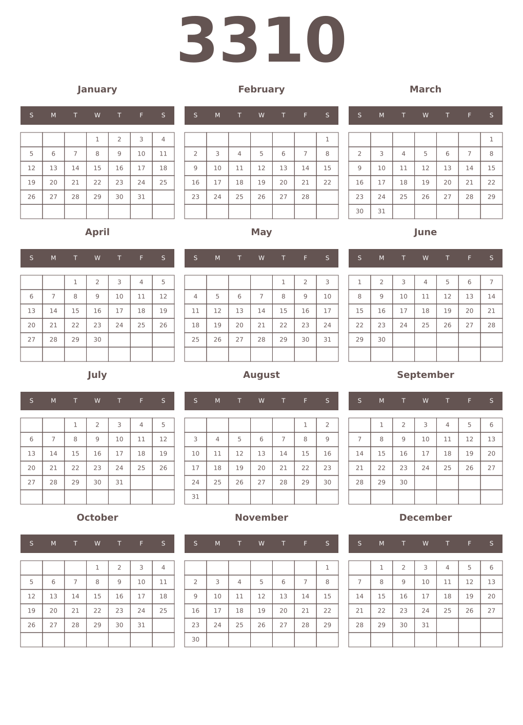 Printable 3310 Year Calendars wenge