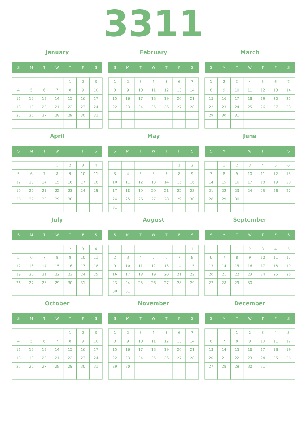 Printable 3311 Year Calendars celadon