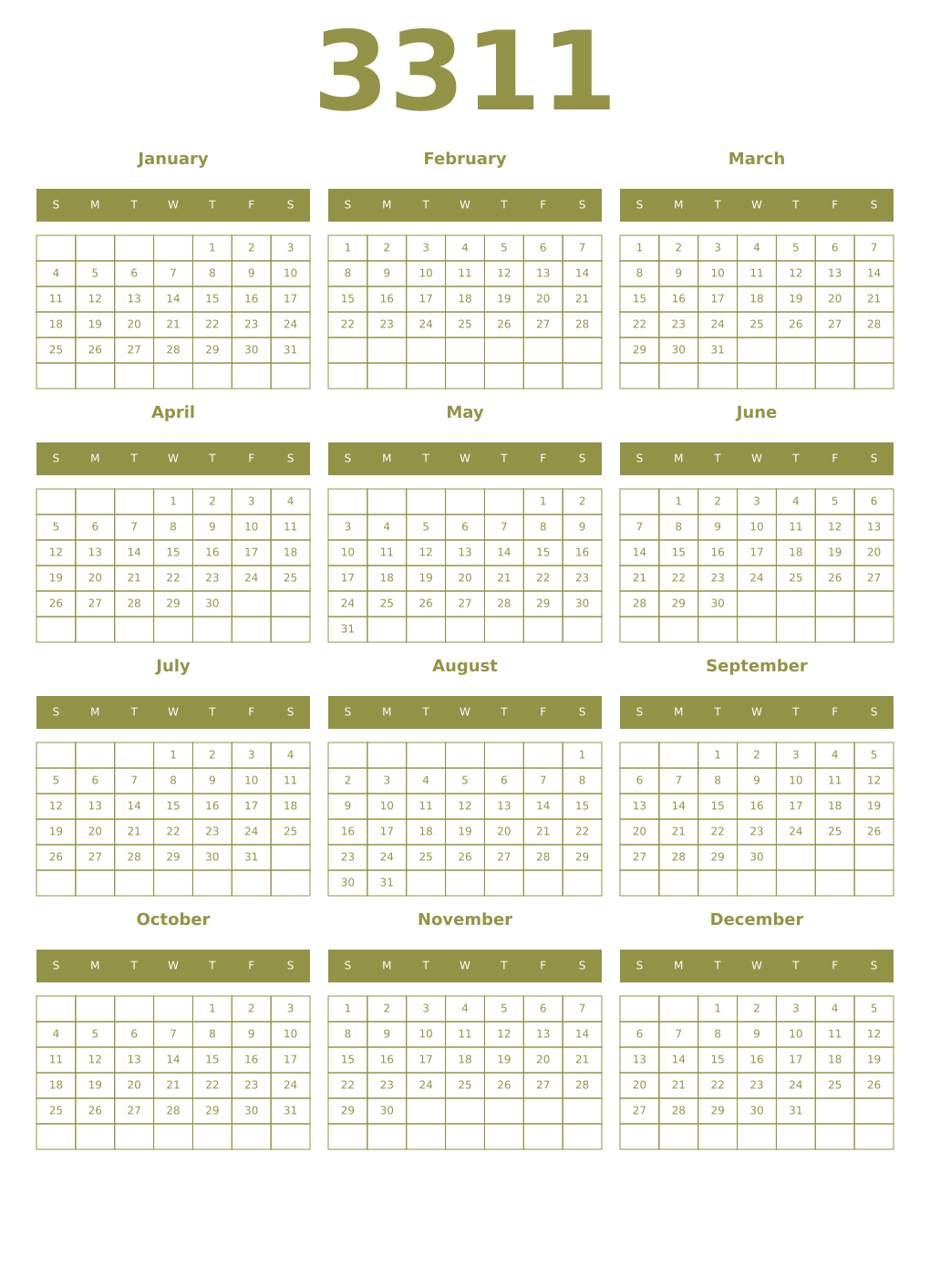 Printable 3311 Year Calendars eburnean