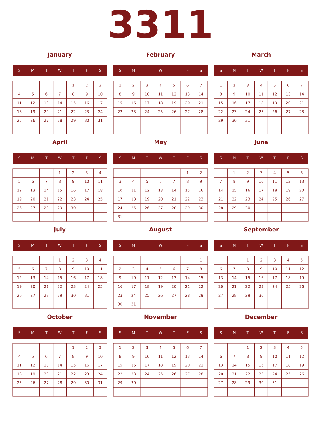Printable 3311 Year Calendars falu