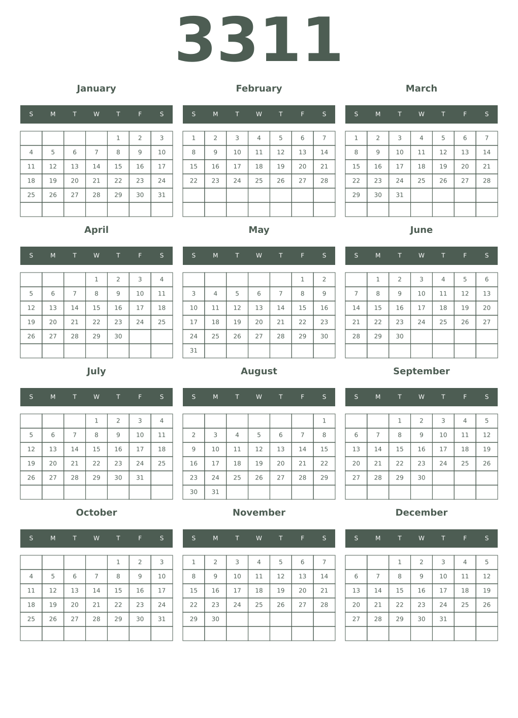 Printable 3311 Year Calendars feldgrau
