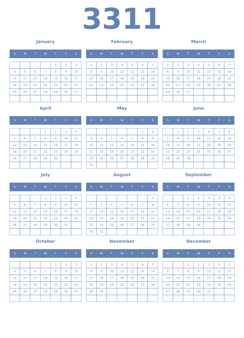 Printable 3311 Year Calendars glaucous