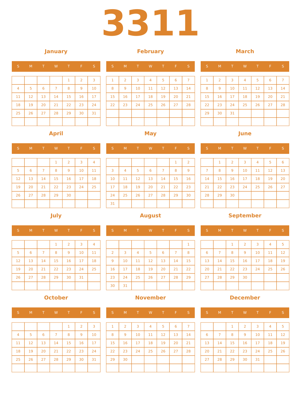 Printable 3311 Year Calendars orange