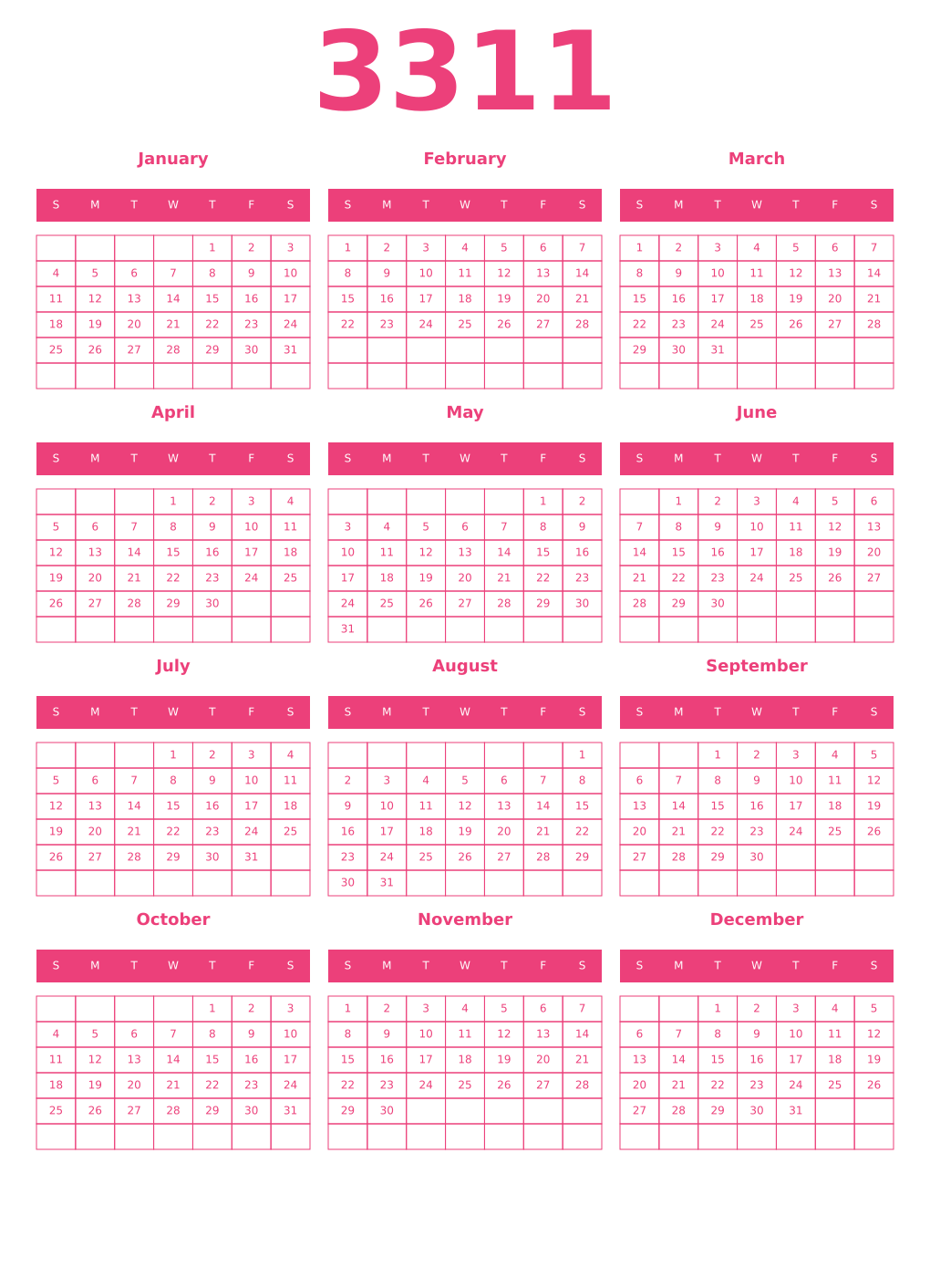 Printable 3311 Year Calendars pink