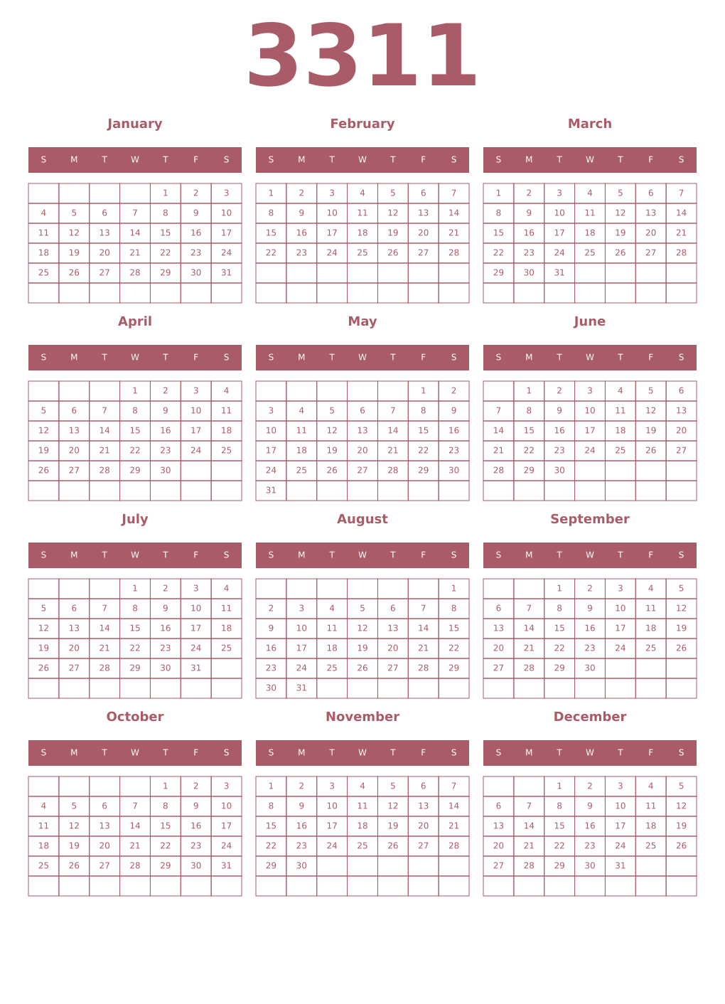 Printable 3311 Year Calendars puce