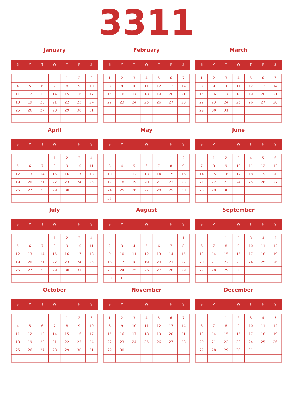 Printable 3311 Year Calendars red
