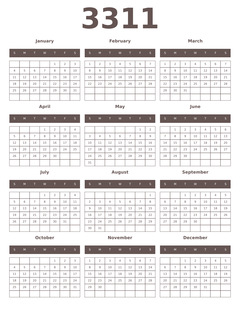 Printable 3311 Year Calendars wenge