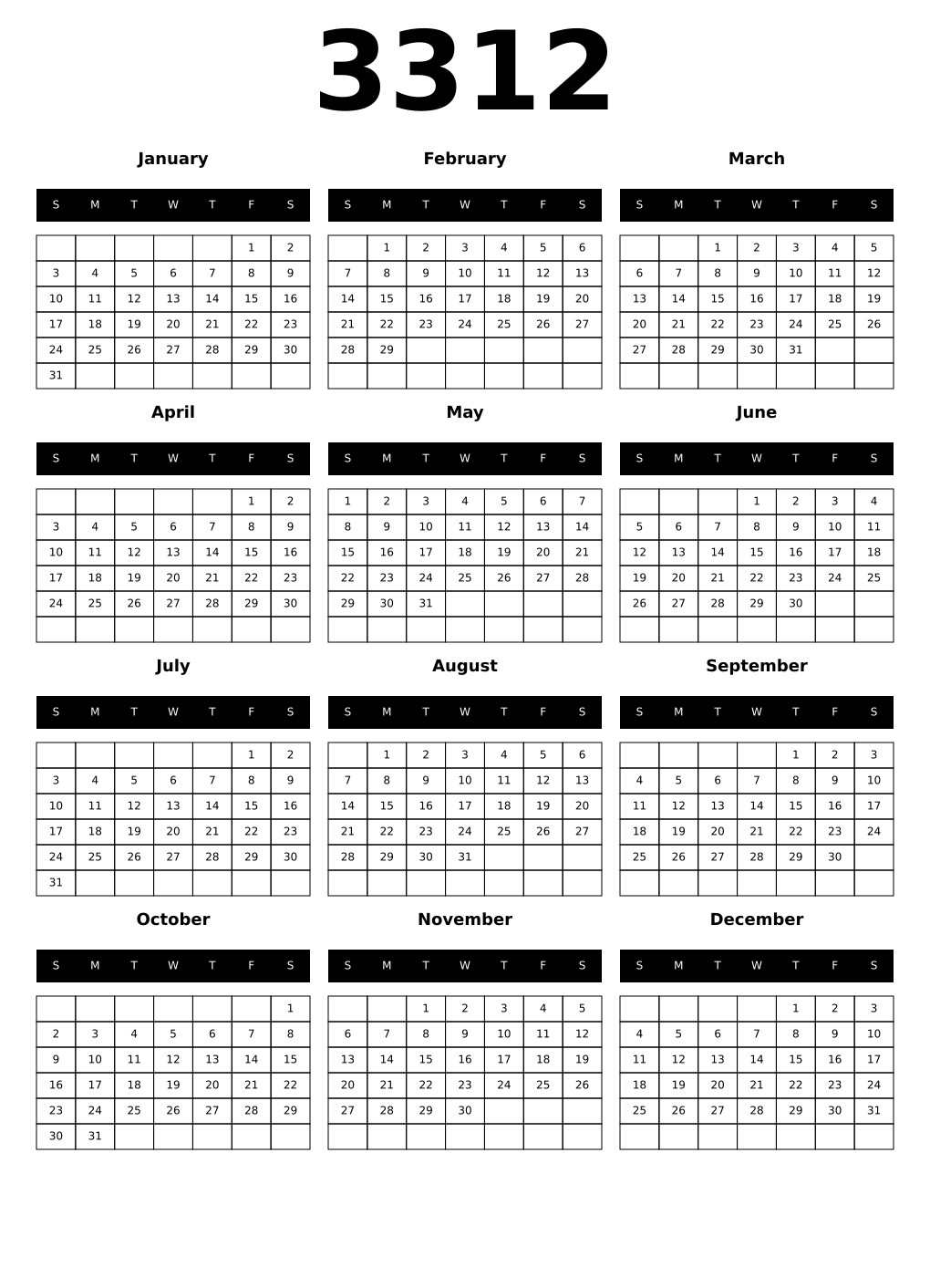 Printable 3312 Year Calendars black