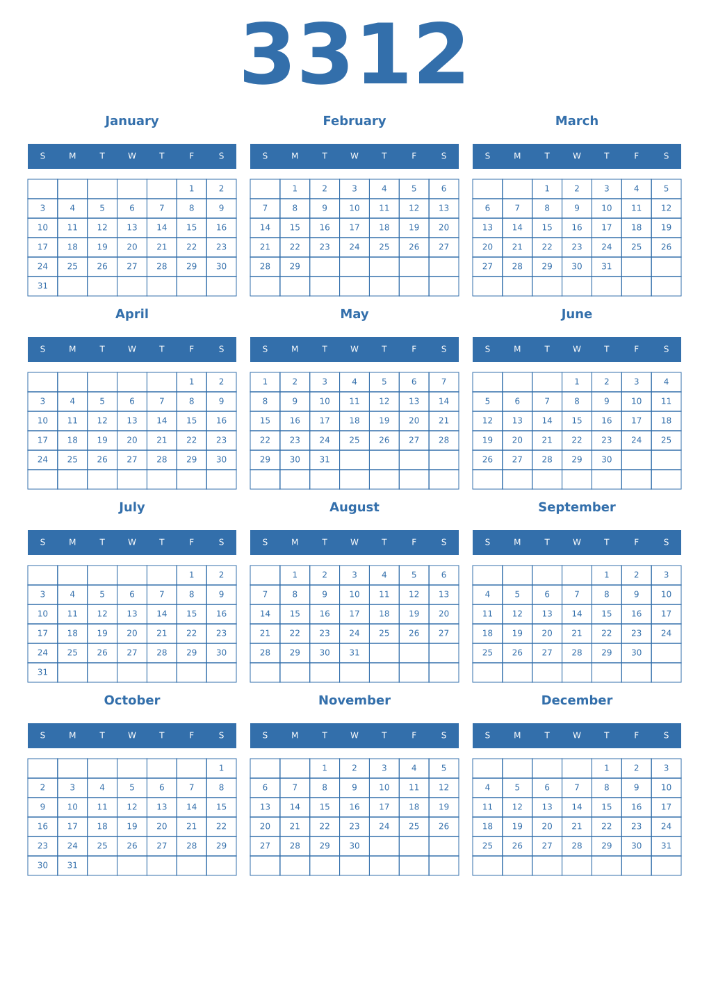 Printable 3312 Year Calendars blue
