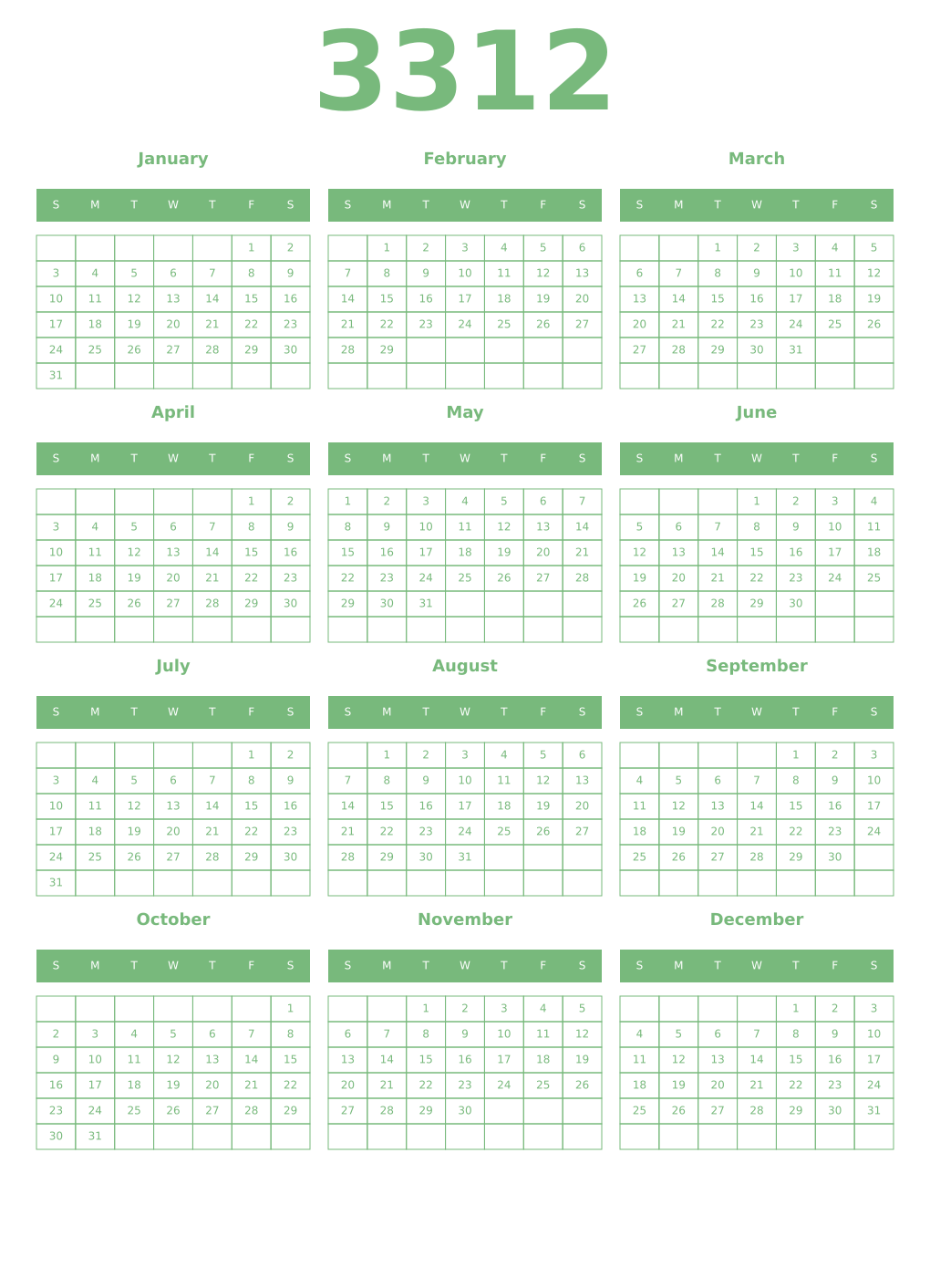 Printable 3312 Year Calendars celadon
