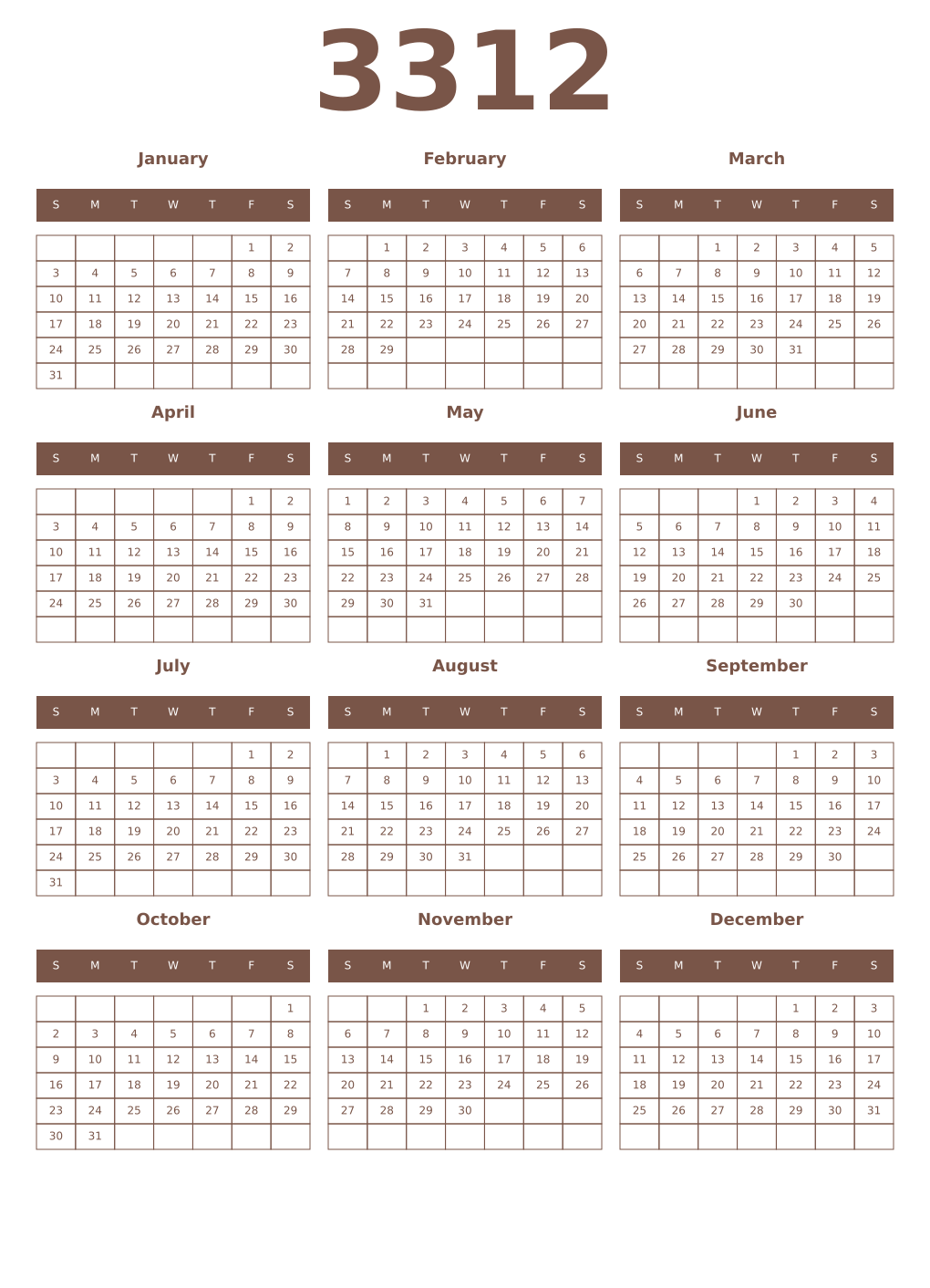 Printable 3312 Year Calendars coffe
