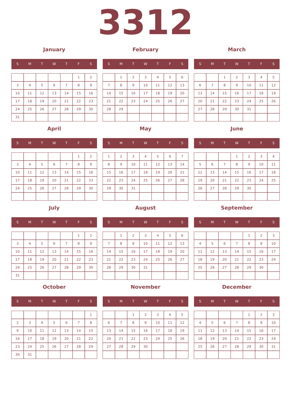 Printable 3312 Year Calendars cordovan