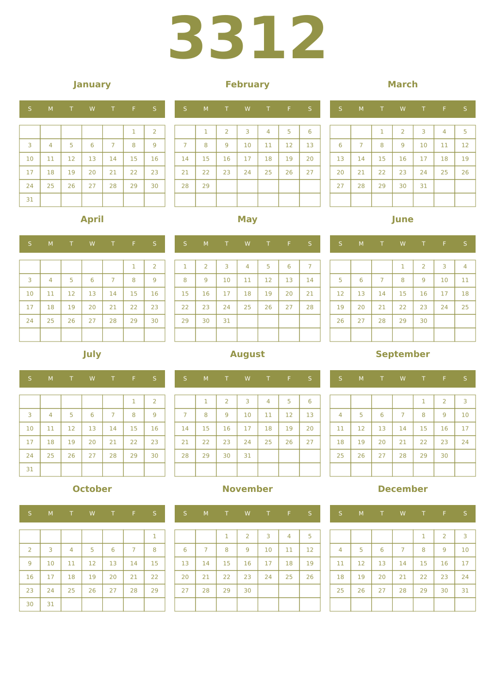 Printable 3312 Year Calendars eburnean
