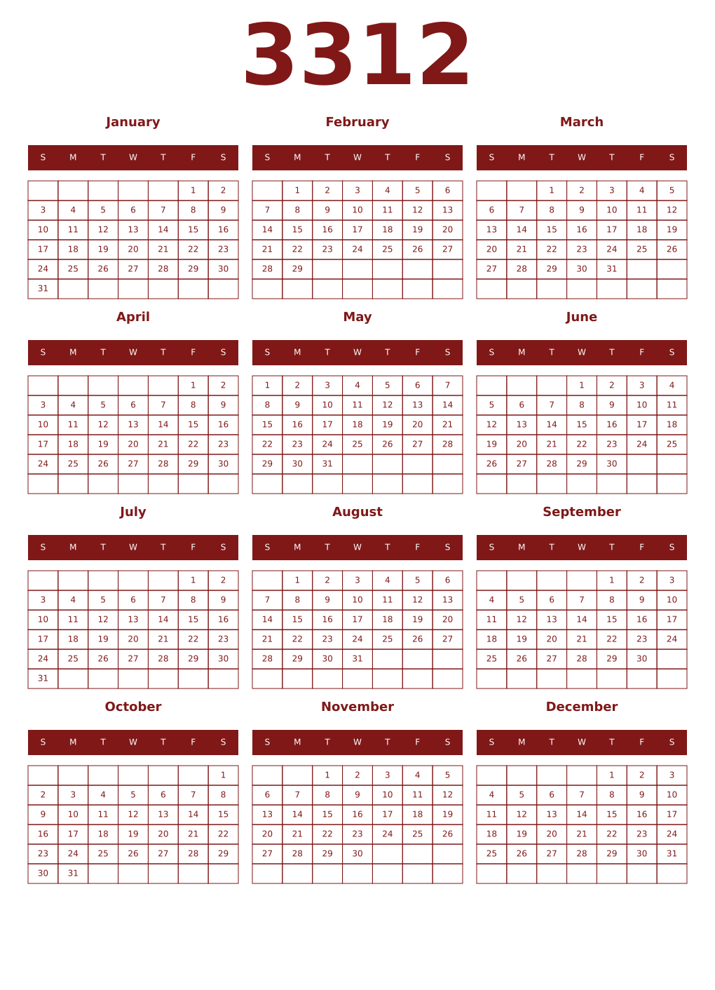 Printable 3312 Year Calendars falu