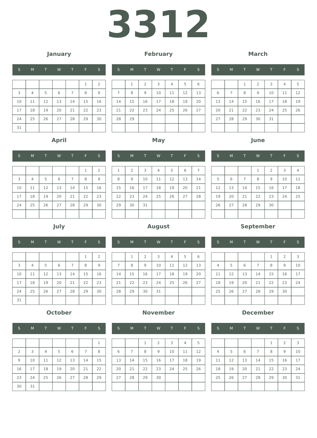 Printable 3312 Year Calendars feldgrau