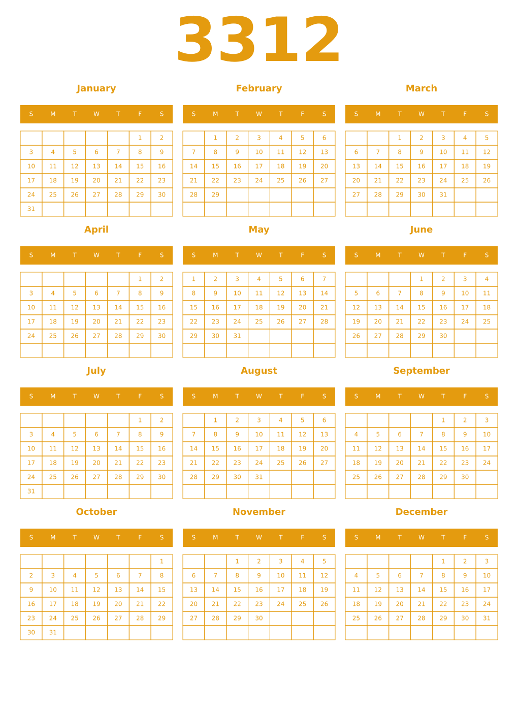 Printable 3312 Year Calendars gamboge