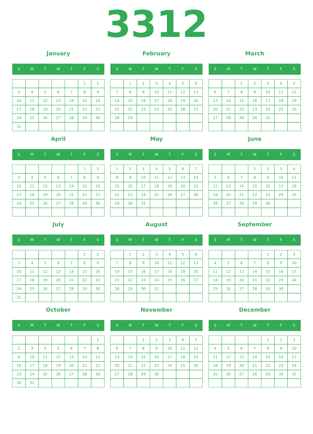 Printable 3312 Year Calendars green