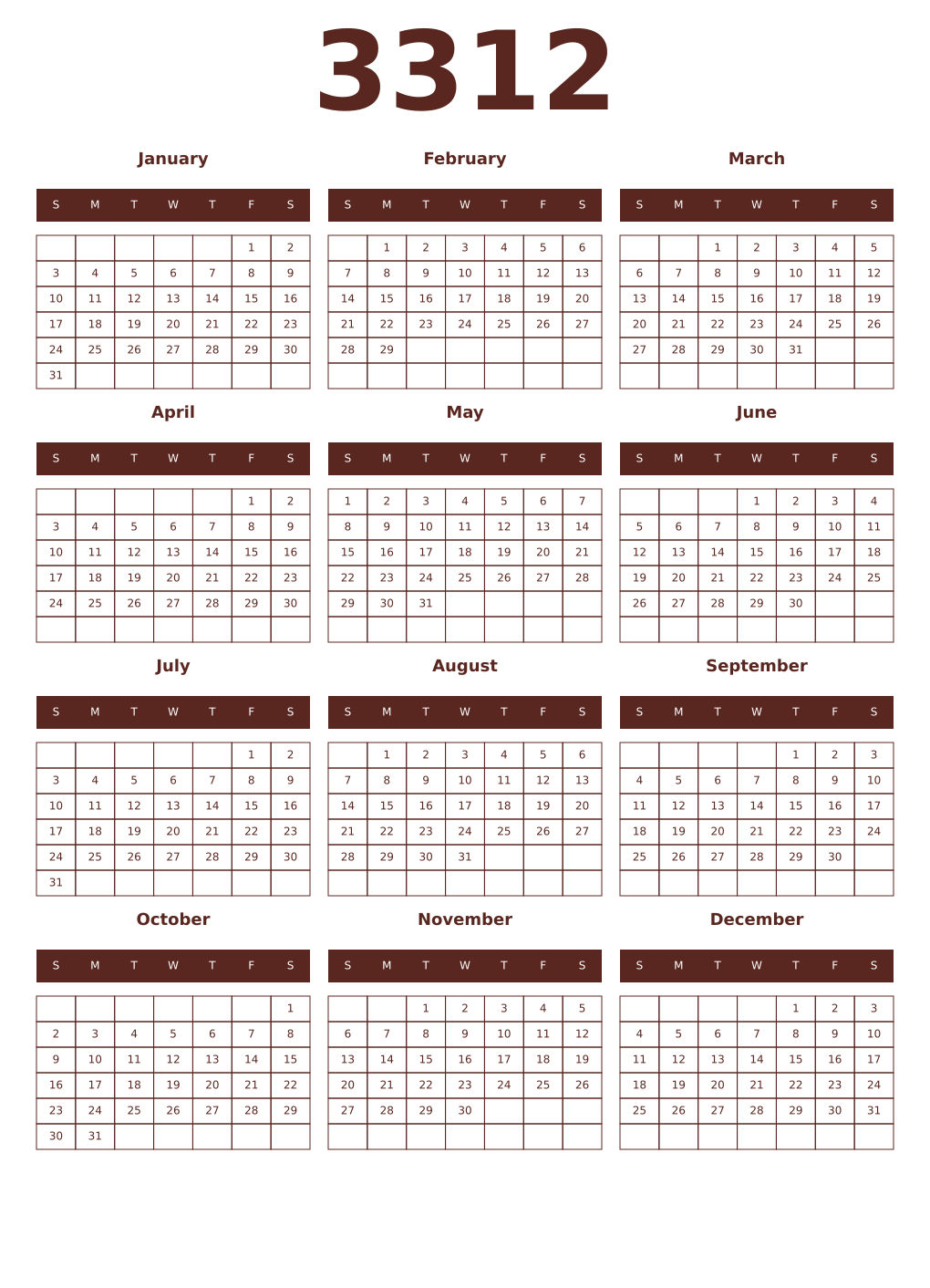 Printable 3312 Year Calendars mortuum