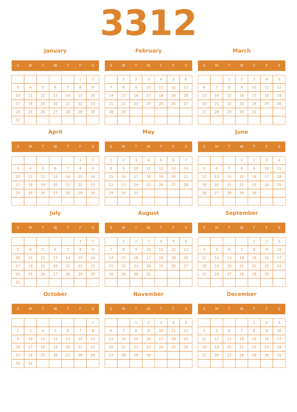 Printable 3312 Year Calendars orange