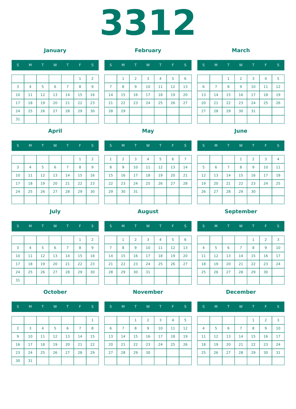 Printable 3312 Year Calendars pastel