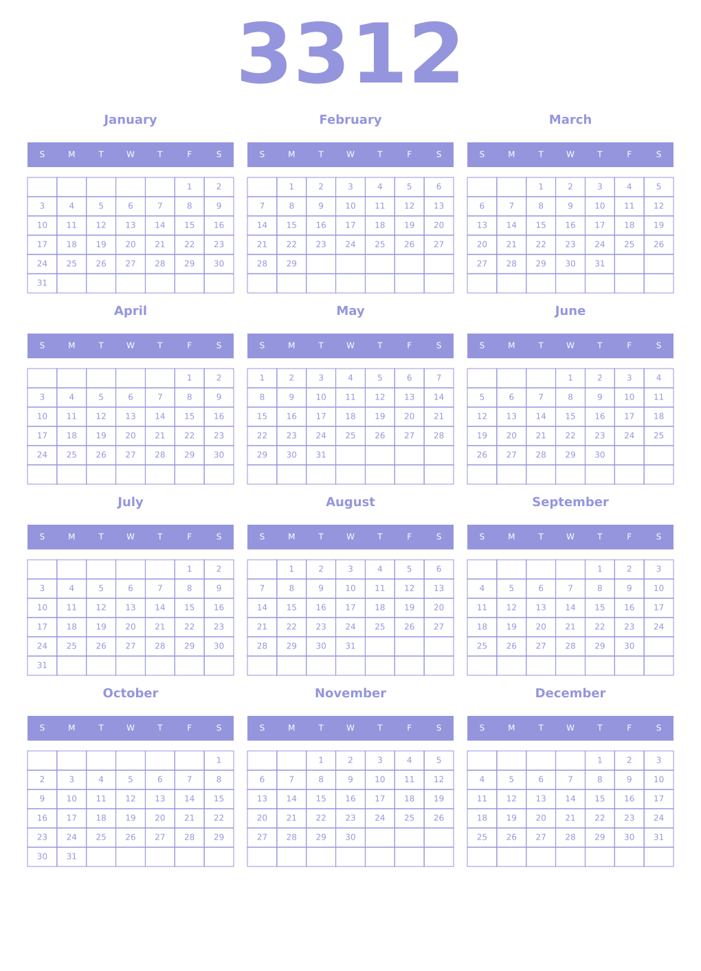 Printable 3312 Year Calendars periwinkle