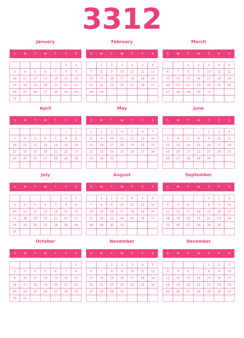 Printable 3312 Year Calendars pink