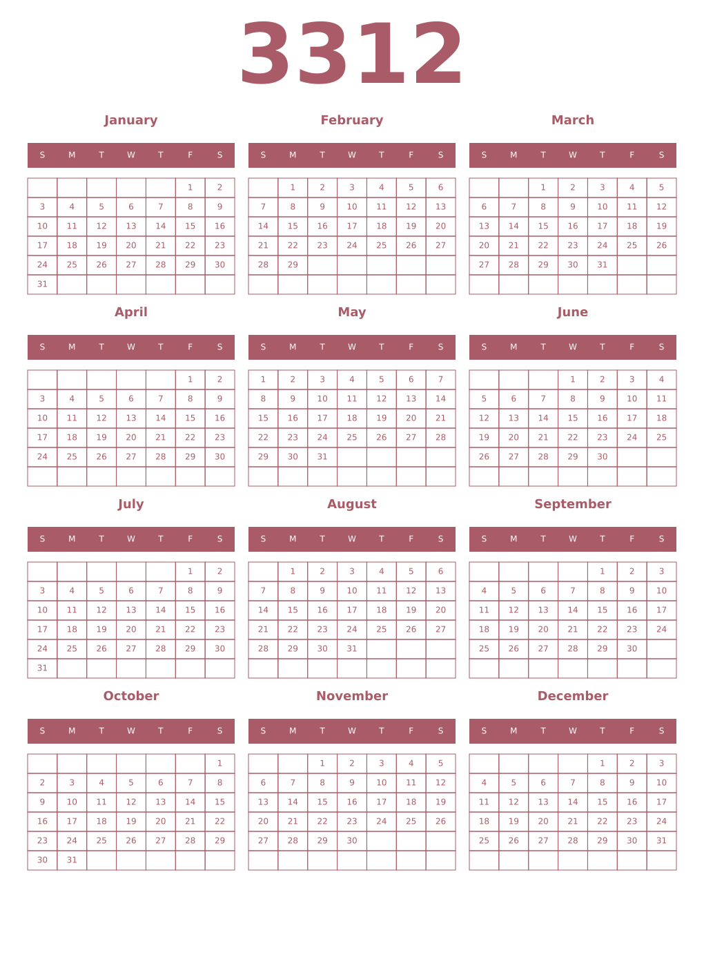 Printable 3312 Year Calendars puce