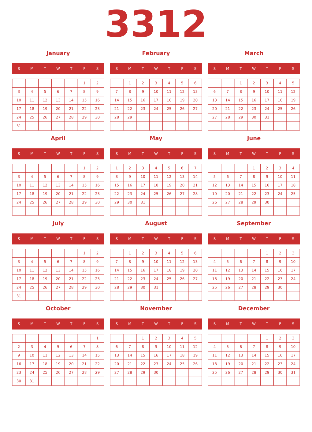 Printable 3312 Year Calendars red