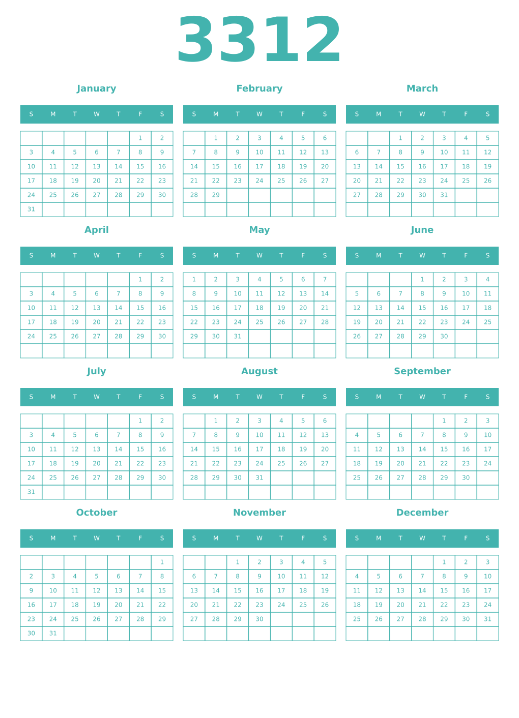 Printable 3312 Year Calendars verdigris