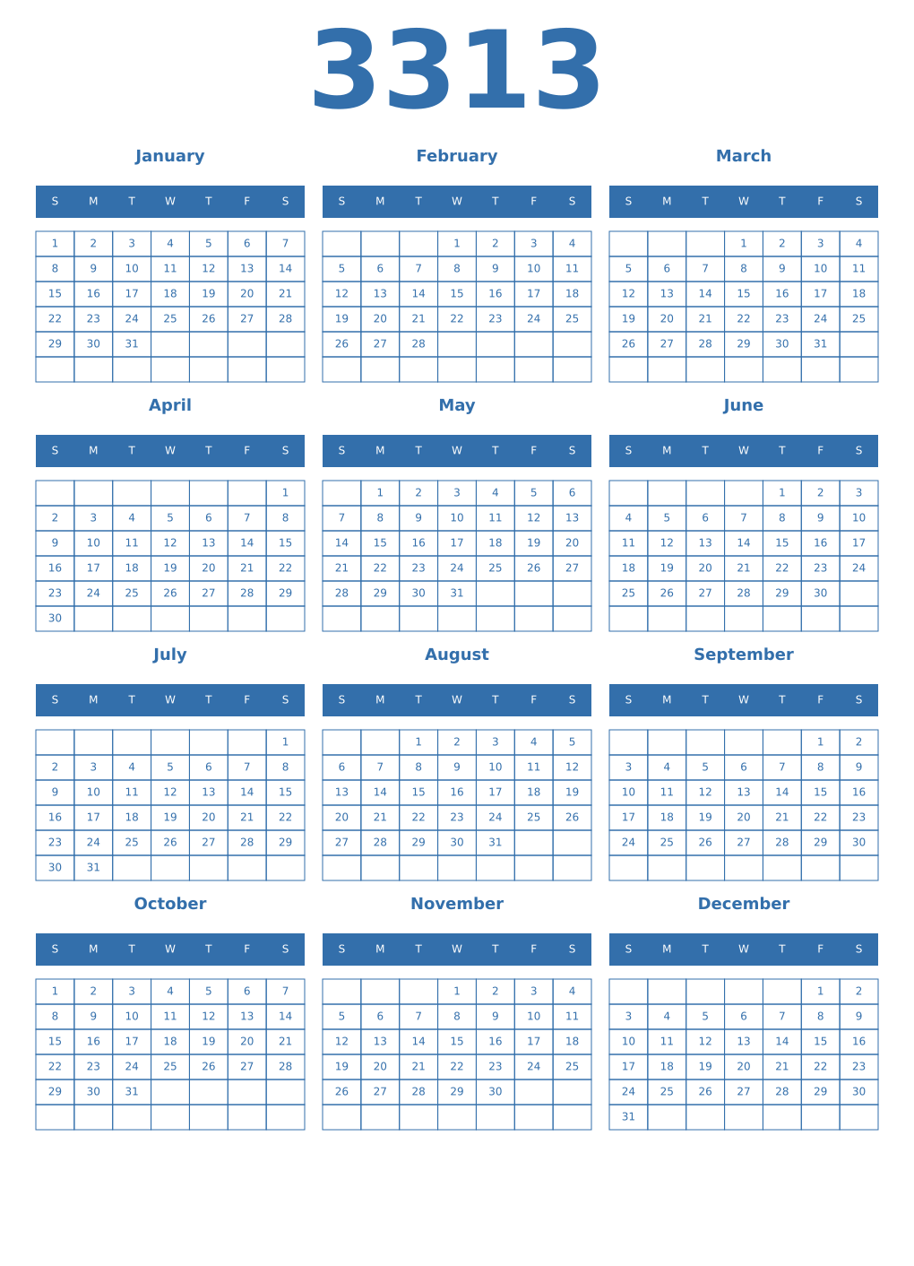 Printable 3313 Year Calendars blue