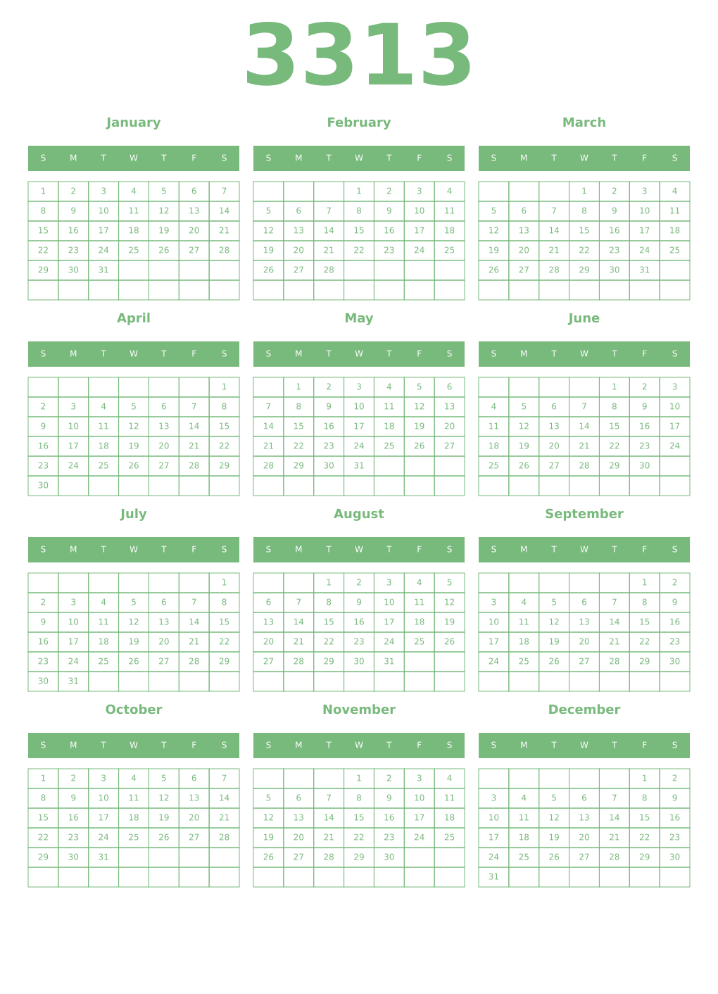 Printable 3313 Year Calendars celadon