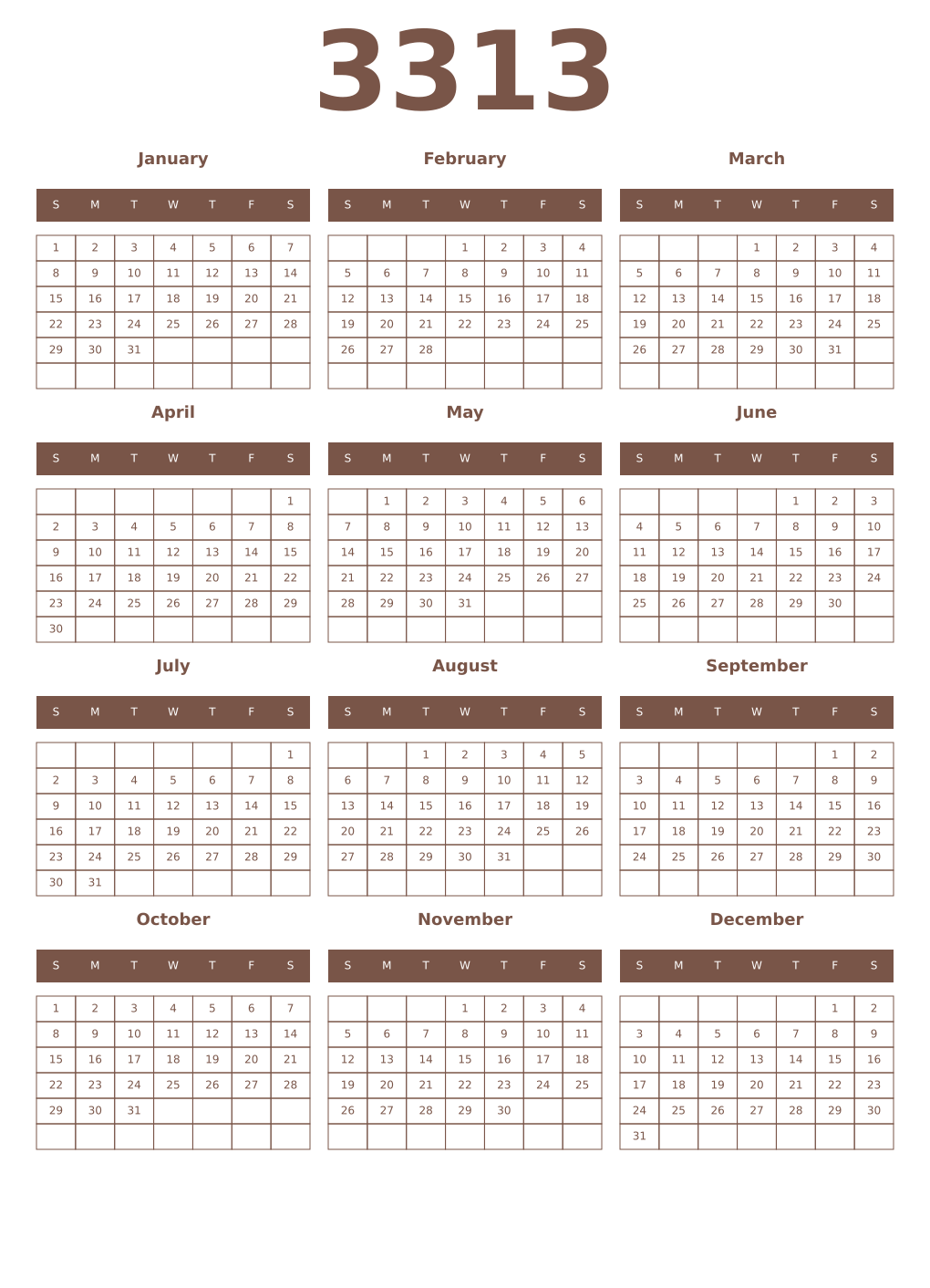 Printable 3313 Year Calendars coffe