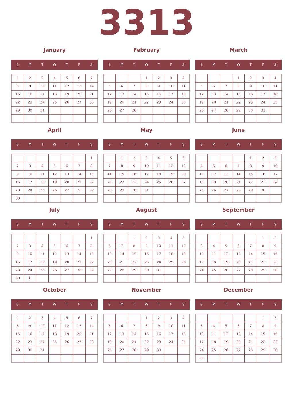 Printable 3313 Year Calendars cordovan