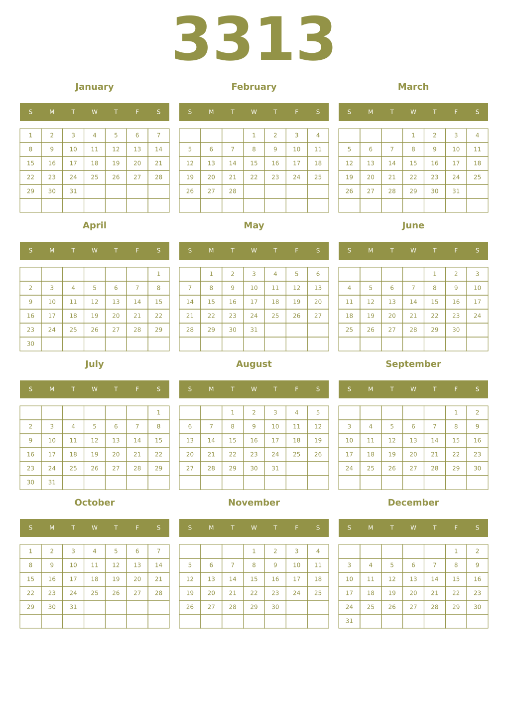 Printable 3313 Year Calendars eburnean