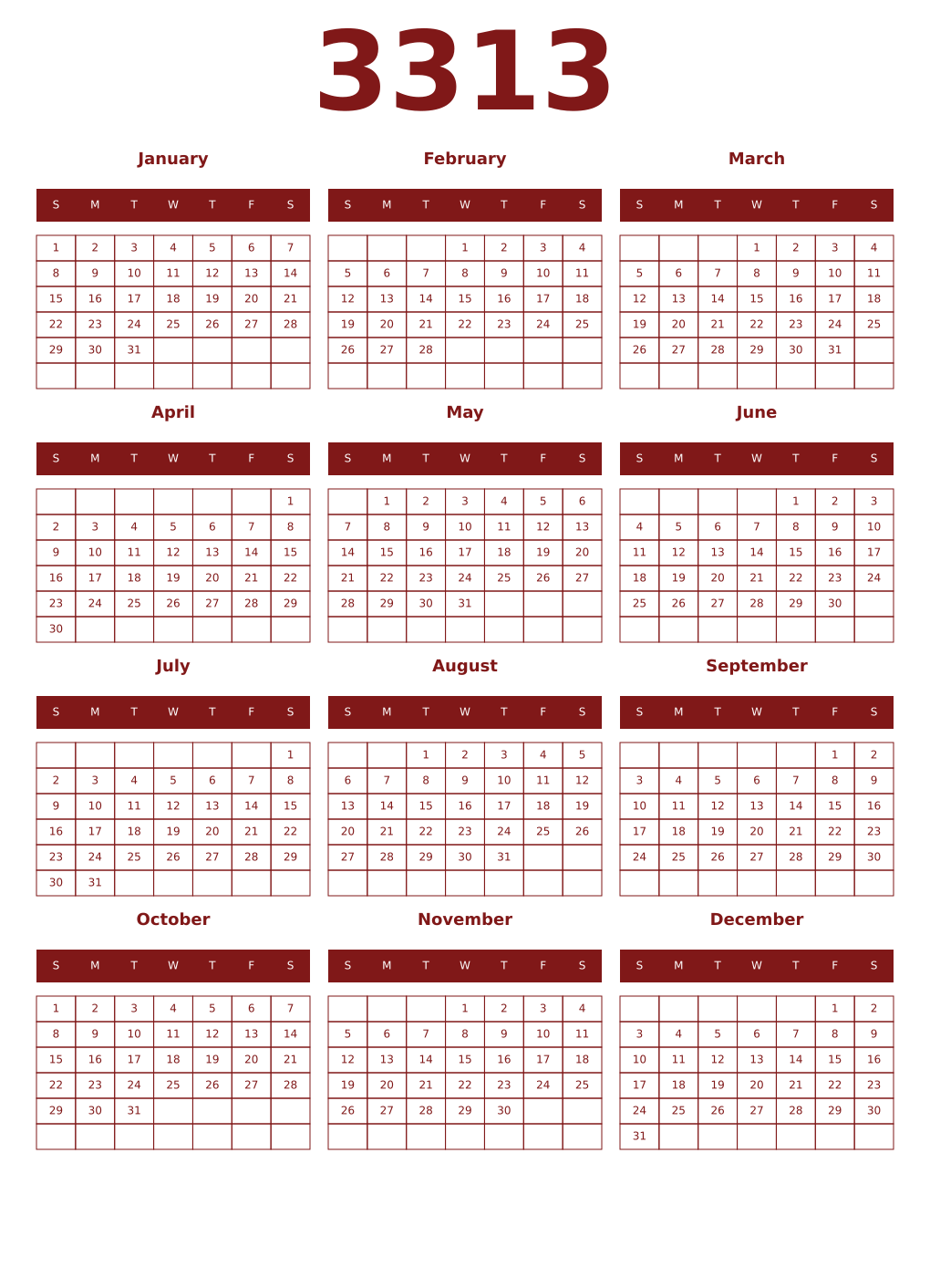 Printable 3313 Year Calendars falu