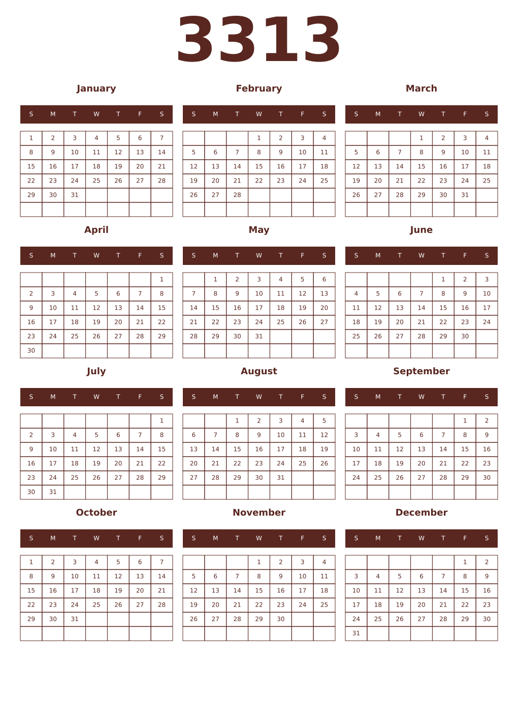 Printable 3313 Year Calendars mortuum