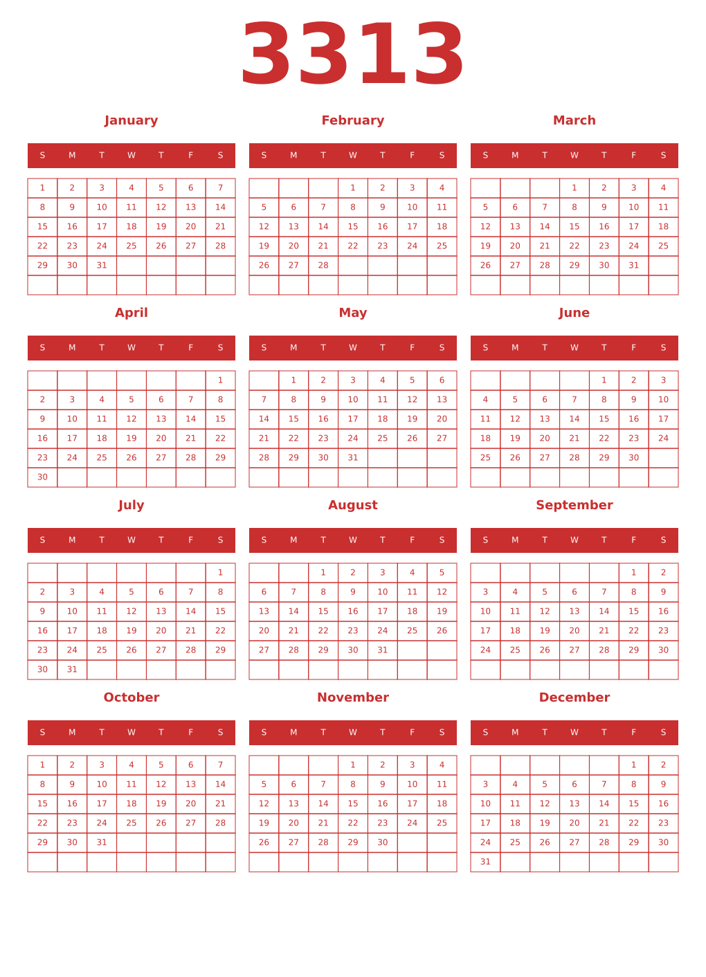 Printable 3313 Year Calendars red