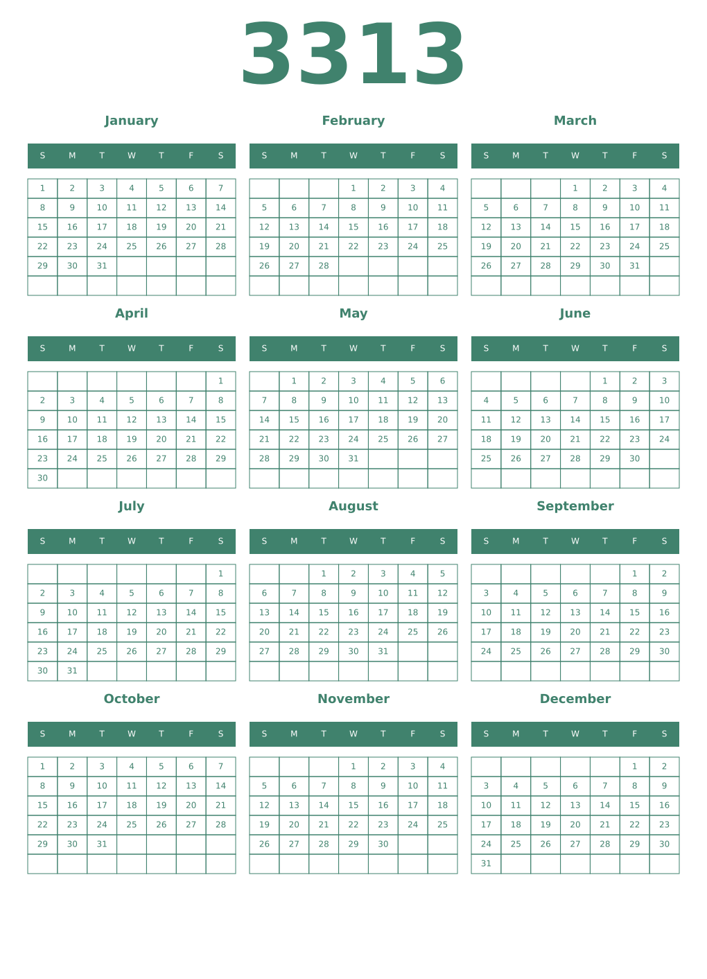 Printable 3313 Year Calendars viridian