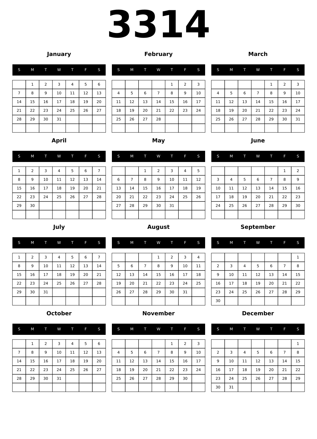 Printable 3314 Year Calendars black