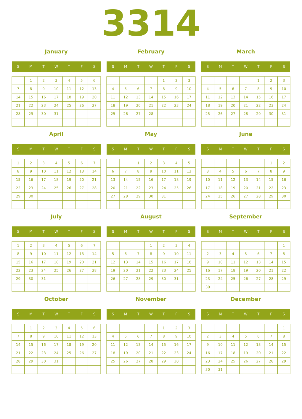 Printable 3314 Year Calendars chartreuse