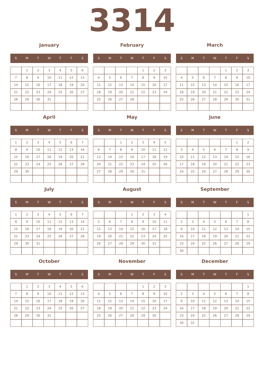 Printable 3314 Year Calendars coffe