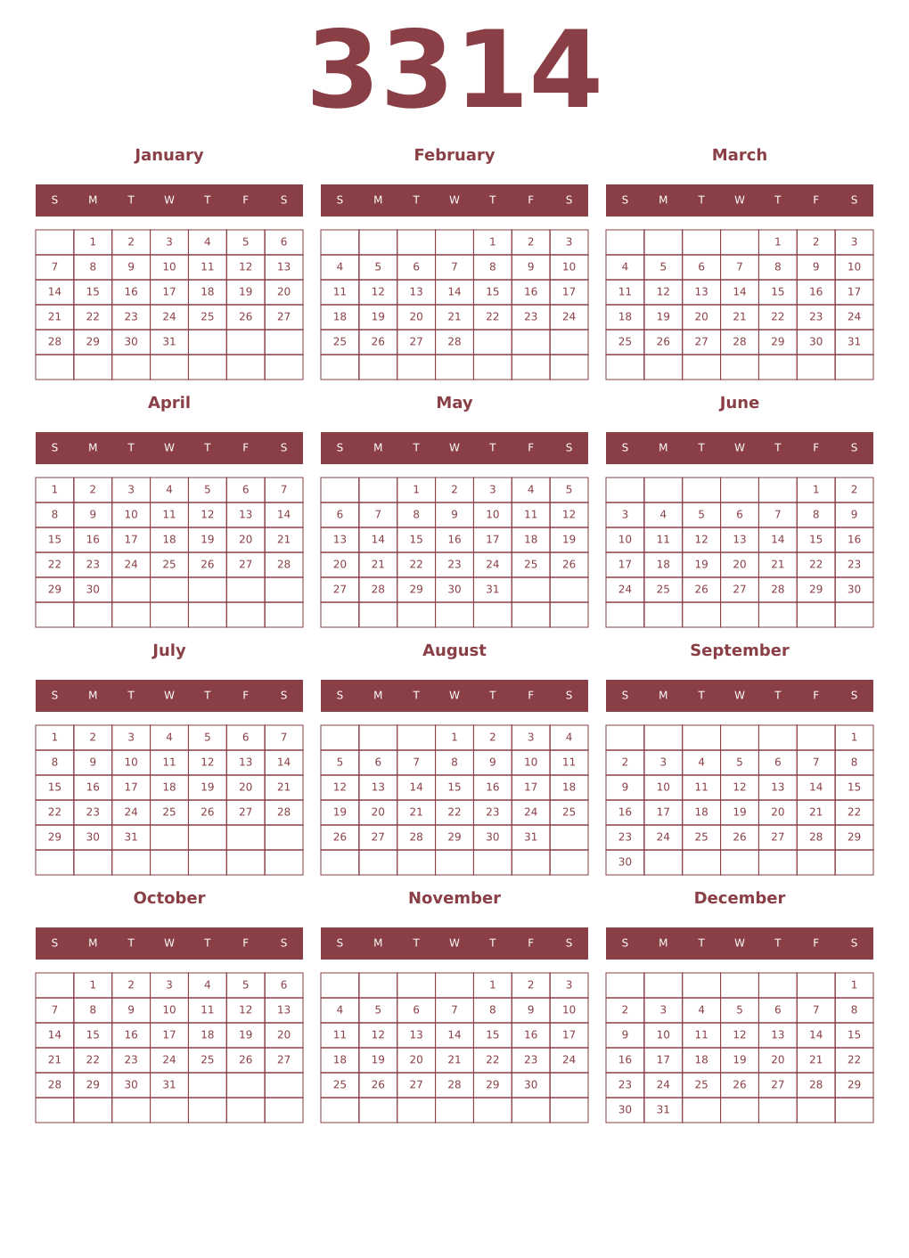 Printable 3314 Year Calendars cordovan