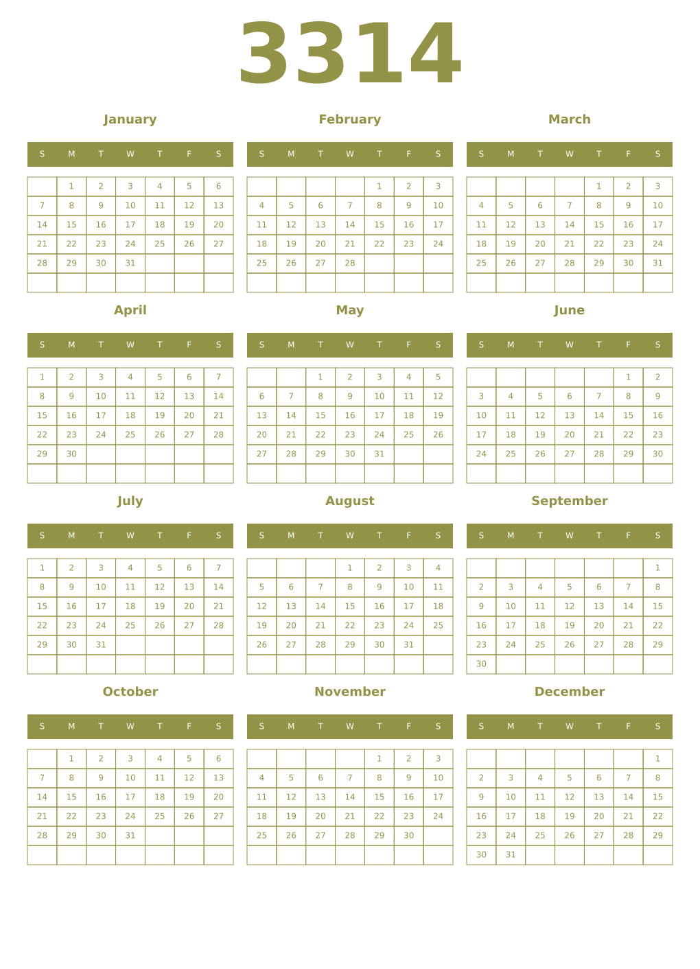 Printable 3314 Year Calendars eburnean